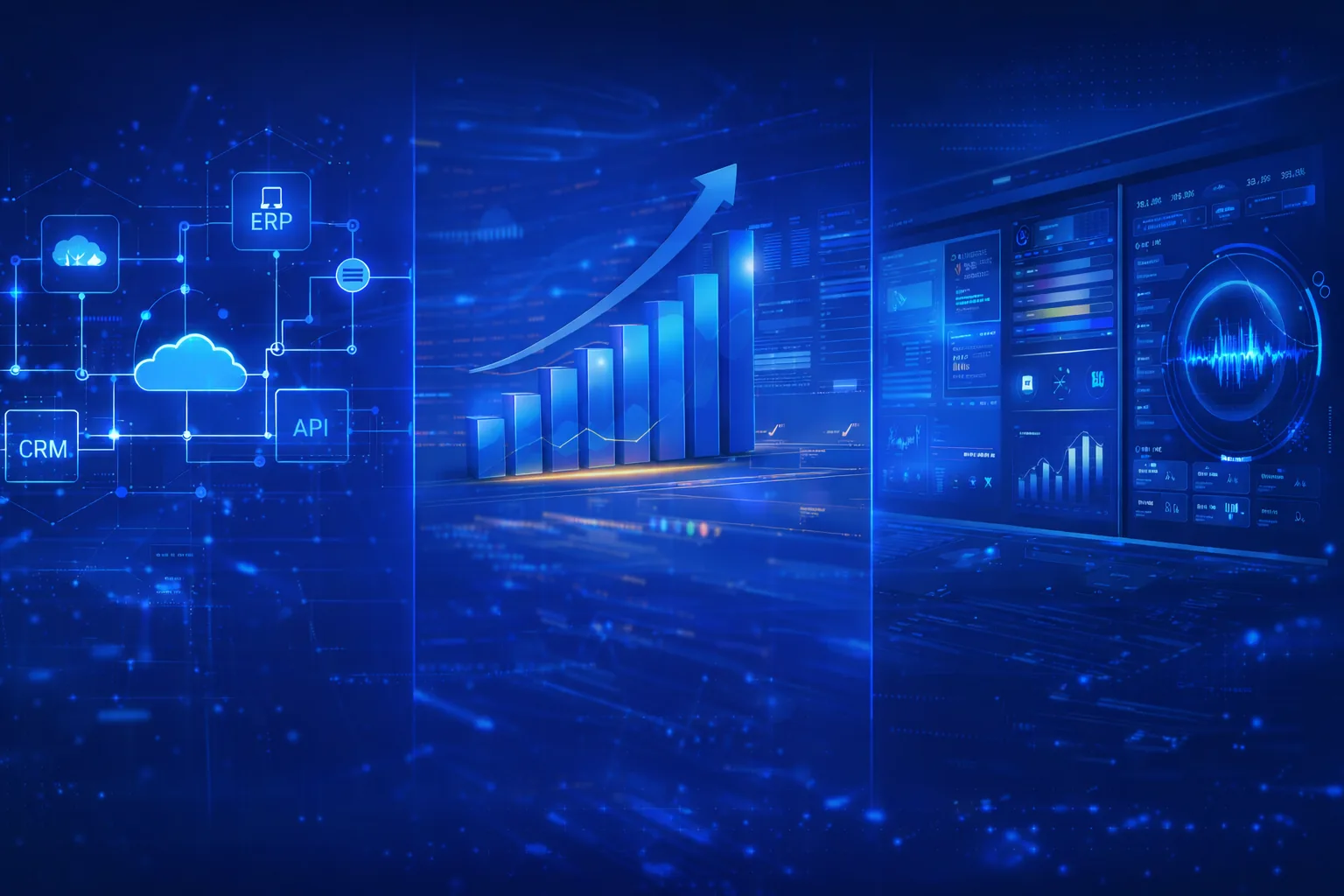 Enterprise service management dashboard connecting ERP, CRM and API services with real-time analytics